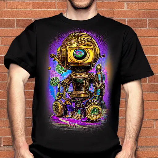 Image similar to mockup of a black tshirt with a hyperdetailed portrait of a steampunk robot by robert crumb, 8 k, symetrical, flourescent colors, happy trippy mood, multicolored,