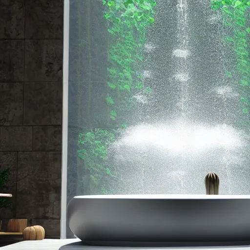 Image similar to a waterfall falls inside a bathtub, digital painting, high contrast, unreal engine render, volumetric lighting, high détail