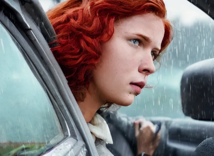 Image similar to A very high resolution image from a new movie, landscape from a car window , teen red hair woman, raining, hot, directed by wes anderson