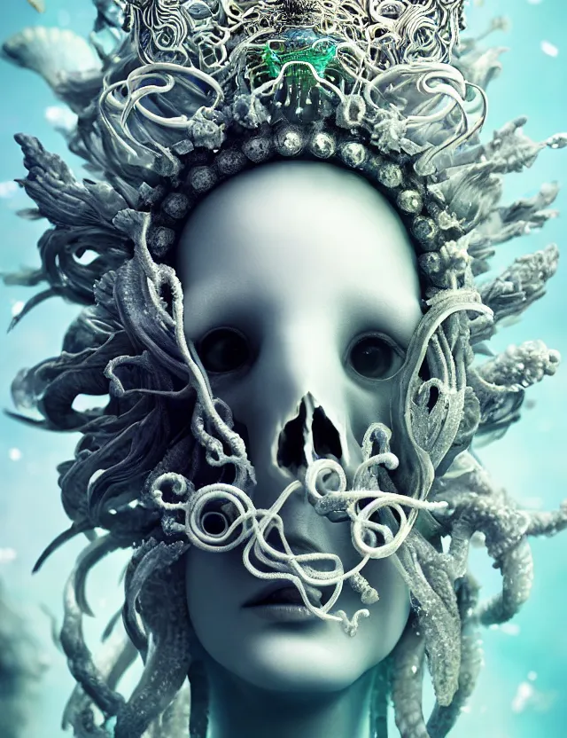 Image similar to goddess macro close - up portrait wigh crown made of ram skull. betta fish, jellyfish phoenix, bioluminiscent, plasma, ice, water, wind, creature, super intricate ornaments artwork by tooth wu and wlop and beeple and greg rutkowski