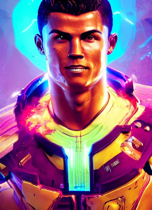 Image similar to glowwave portrait of cristiano ronaldo from borderlands 3, au naturel, hyper detailed, digital art, trending in artstation, cinematic lighting, studio quality, smooth render, unreal engine 5 rendered, octane rendered, art style by klimt and nixeu and ian sprigger and wlop and krenz cushart.