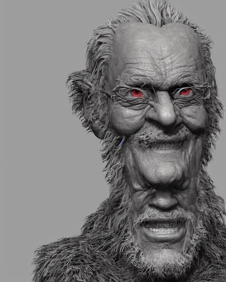 Image similar to A highly detailed portrait 3D render of a craggly old man, wise, gaunt, ancient. Smiling. ZBrush, Blender. Trending on cgsociety. Dramatic lighting. Beautiful. By Mark Mann and Jimmy Nelson.