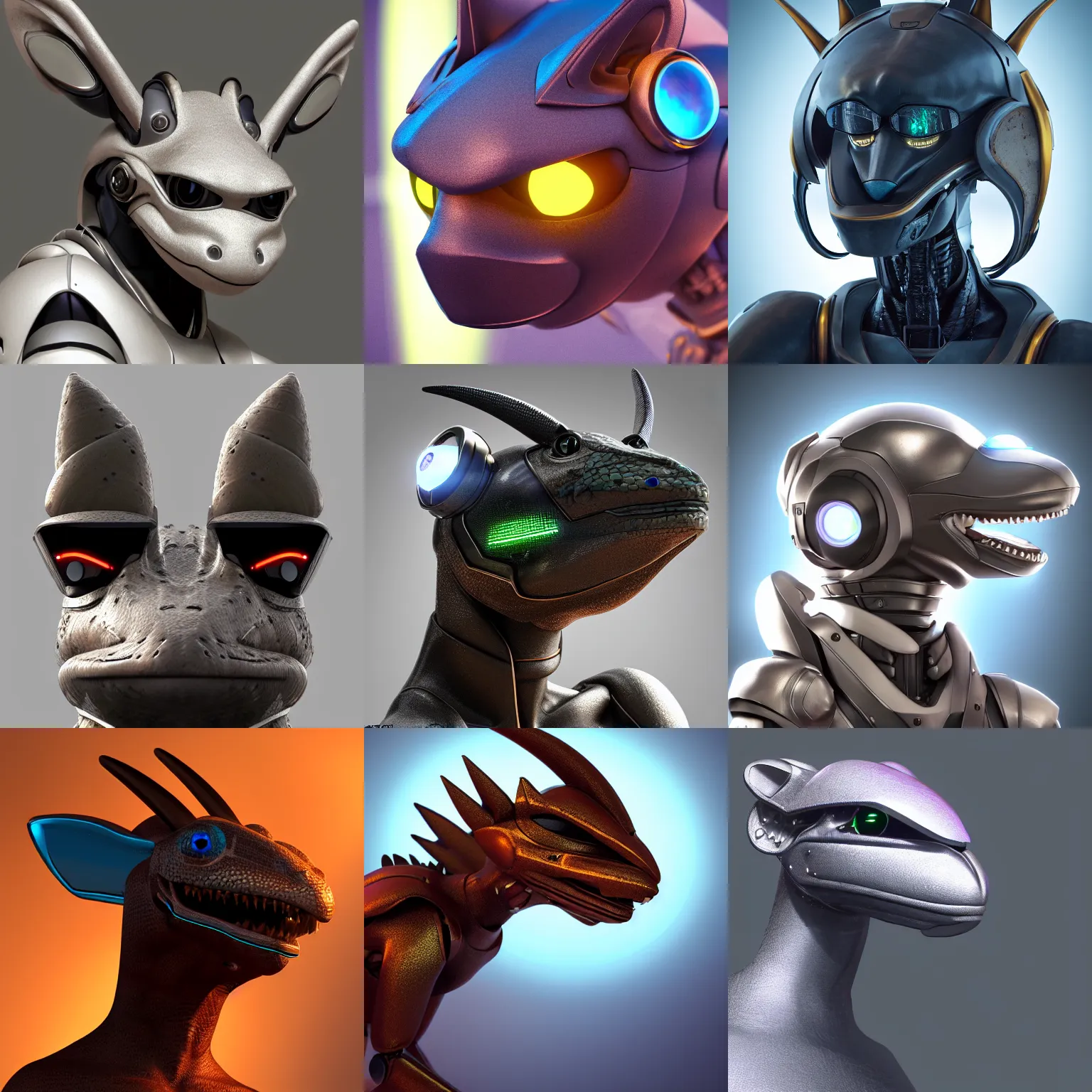 Prompt: very very beautiful furry art, bust profile picture of a robotic anthro lizard, visor over face, horns with indicator lights, rounded shapes, smooth metal skin, commission on furaffinity, cgsociety, octane render