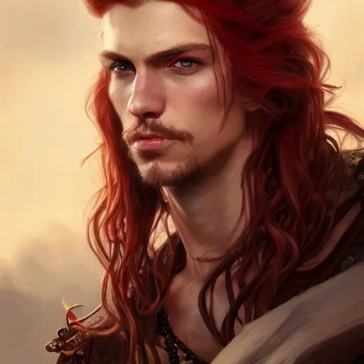 Image similar to portrait of a young ferocious pirate, male, masculine, upper body, red hair, long hair, soft hair, D&D, fantasy, intricate, elegant, highly detailed, digital painting, artstation, concept art, matte, sharp focus, illustration, art by Artgerm and Greg Rutkowski and Alphonse Mucha