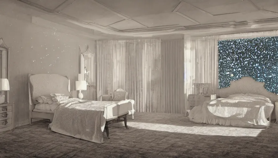 Prompt: A vintage magazine architecture photo of a bedroom in fhloston paradise , refracted lines and sparkles, hyperrealistic 8k uhd, award-winning,