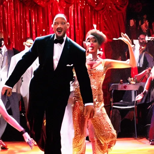 Prompt: Will Smith is dancing in a cabaret