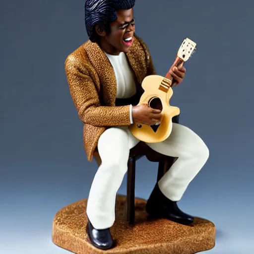 Image similar to a porcelain figurine of james brown playing the guitar, product shot