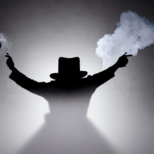 Prompt: white light from right, mysterious man in black suit and black hat, he has a pistol!!, smoke, fog, mysterious, 4 k, highly detailed, digital art, strong shadows, high contrast, epic scene, atmospheric, blue colours, old photograph