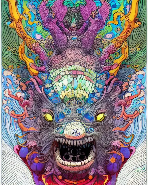 Prompt: bicameral humanoid mythical beast, fantastical, cute, and beautiful hybrid of different animals, a humorous psychedelic creature concept design by Moebius, Studio Ghibli, Toru Narita, in the style of Takashi Murakami, symmetrical 4K