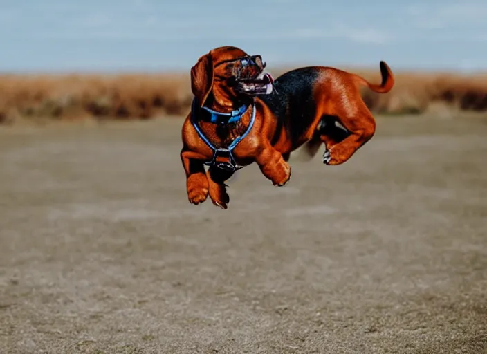 Image similar to brown dauchshund skydiving in a jumpsuit