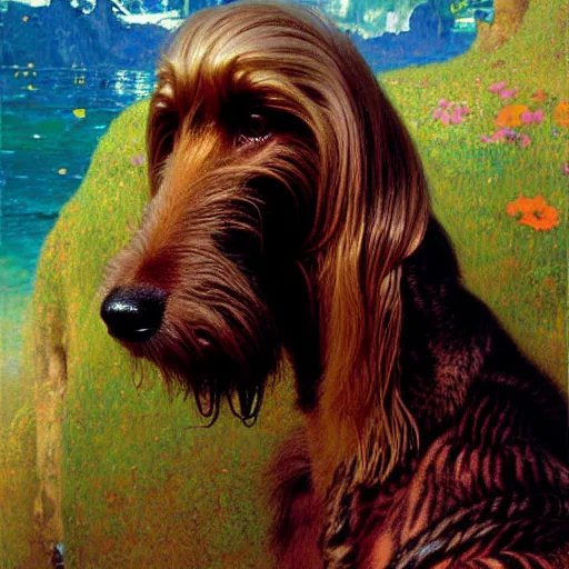 Image similar to portrait of a male furry afghan hound dog in a swimsuit. shadowrun furaffiniy cyberpunk fantasy highly detailed painting by gaston bussiere craig mullins jc leyendecker gustav klimt artgerm greg rutkowski john berkey, bergey, craig mullins, ruan jia, raymond swanland, jeremy mann, tom lovell, alex malveda