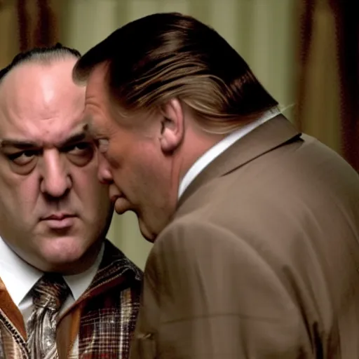 Image similar to tony soprano telling donald trump he is in trouble with the boss. highly detailed movie still