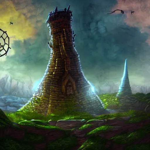 Image similar to azkhell's tower, a wizard tower full of traps and encounters. mysterous, cautious, adventurous, ancient. digital art, 8 k, lighting