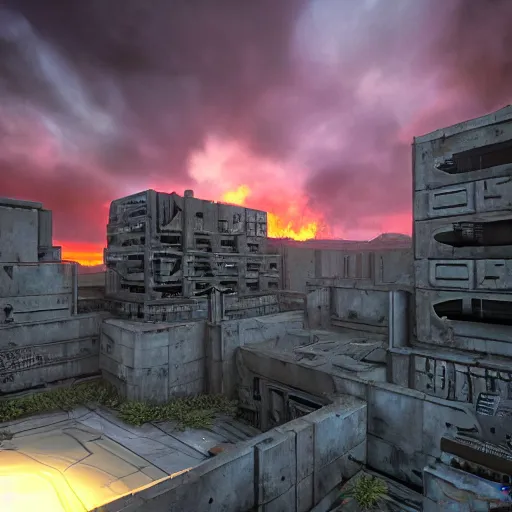 Image similar to a Doom level, from the 1993 PC game Doom: Knee Deep in the Dead, brutalist architecture, stunning volumetric light, sunset, metal, concrete and translucent material, stunning skies, majestic landscape, trending on Artstation, 8k, photorealistic, hyper detailed, unreal engine 5, IMAX quality, cinematic, epic lighting, in the style of Greg Rutkowski