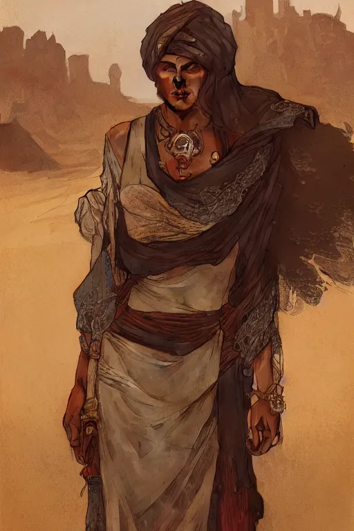 Prompt: a full body portrait of a beautiful post apocalyptic offworld desert bedouin blind beggar by the city gates, intricate, elegant, highly detailed, digital painting, artstation, concept art, smooth, sharp focus, illustration, art by krenz cushart and artem demura and alphonse mucha