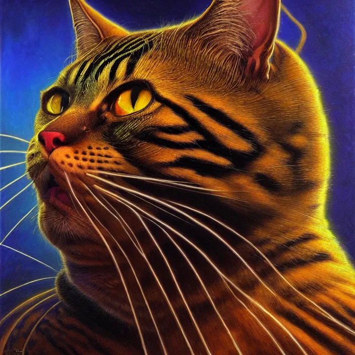 Prompt: cinematic bust portrait of psychedelic cat from left,, donato giancola, larry elmore, oil on canvas, masterpiece, trending on artstation, featured on pixiv, cinematic composition, dramatic pose, beautiful lighting, sharp, details, hyper - detailed, hd, hdr, 4 k, 8 k