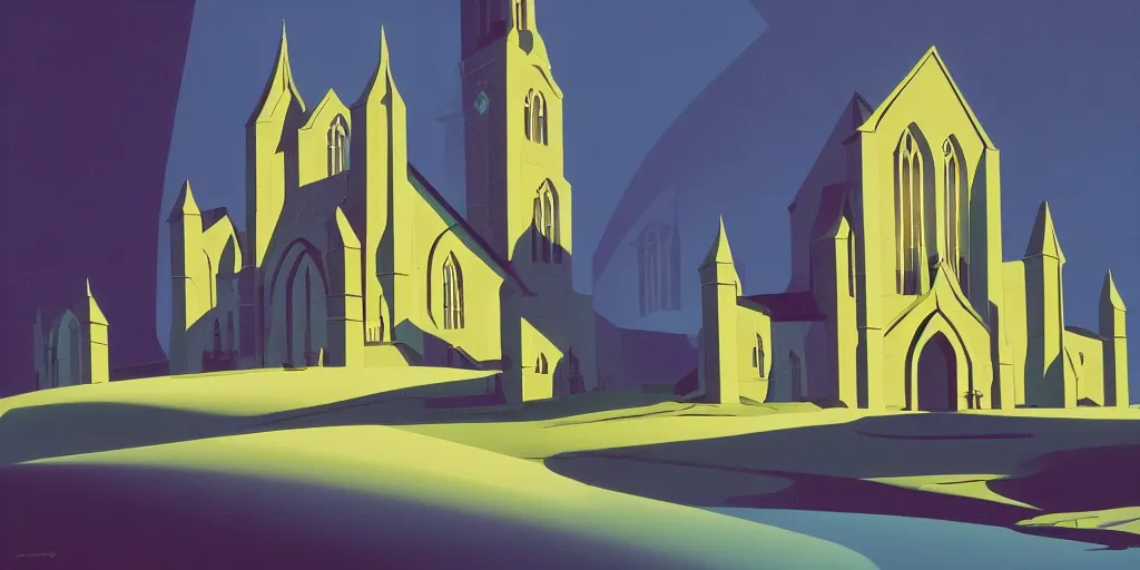 Prompt: church, gouache, animated film, stylised, illustration, by eyvind earle, scott wills, genndy tartakovski, syd mead