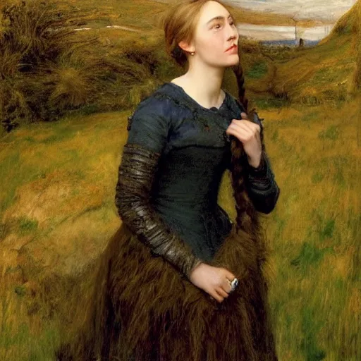 Image similar to a true-to-life portrait of Saoirse Ronan painted by John Everett Millais, real-life accurate, photoshoot