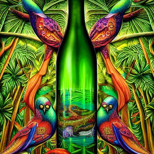 Image similar to visionary art, rainforest trapped within a bottle, with great birds, rich geometry, precise and incredibly highly detailed intricate 8 k wallpaper, john stephens, lisa frank, intricate stunning award winning masterpiece trending on artstation