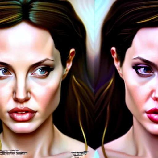 Image similar to beautiful digital painting of young angelina jolie background with high detail, 8 k, stunning detail, photo by artgerm, greg rutkowski and alphonse mucha, unreal engine 5, 4 k uhd