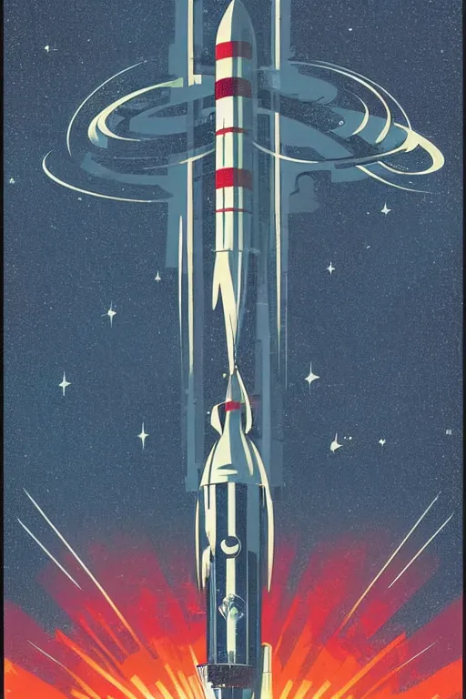 Image similar to poster of rocket flying through space, 1 9 5 0 s style, futuristic design, dark, symmetrical, washed out color, centered, art deco, 1 9 5 0's futuristic, glowing highlights, intense