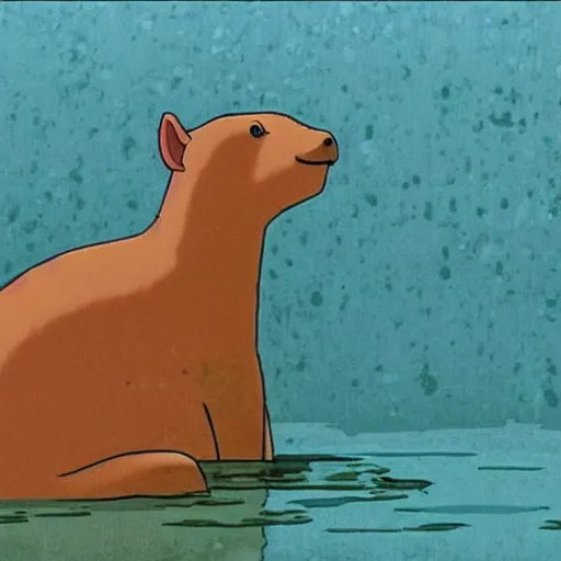 Image similar to a capybara sitting in a steaming bathtub in the animated movie spirited away by hayao miyazaki!!!!, studio ghibli, animated movie, anime, beautiful