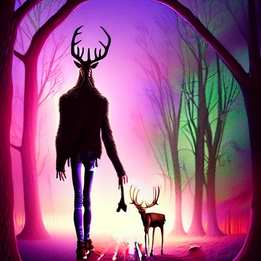 Prompt: Tim Jacobus Goosebumps art painting, artgerm, painting, Wendigo monster with deer skull face, antlers, furry brown body, tall and lanky skinny, walking through a suburb, night time, purple, green and blue colors, bright colors and saturation, ominous lighting, spooky, foggy, fog