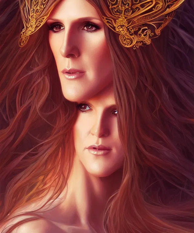 Image similar to Celin Dion as a fantasy magic woman portrait, sci-fi, amber eyes, face, long hair, fantasy, intricate, elegant, highly detailed, digital painting, artstation, concept art, smooth, sharp focus, illustration, art by artgerm and greg rutkowski and alphonse mucha