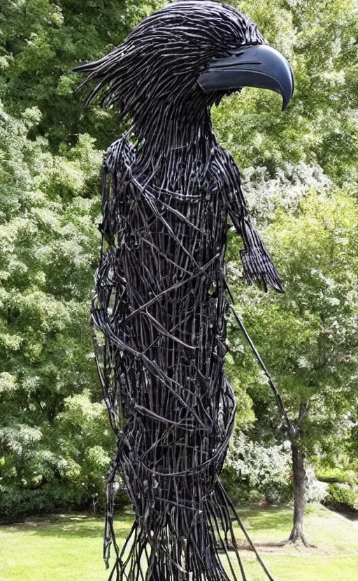 Image similar to imposing scary intricate raven outdoor sculpture made of oily cords