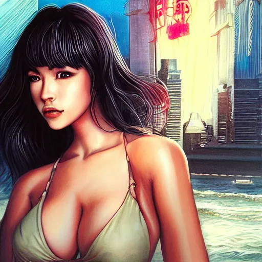 Image similar to beautiful joi from blade runner in a bikini on the beach drawn by artgerm