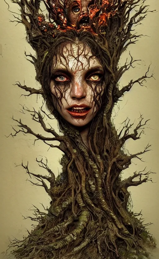 Image similar to portrait of a rotten tree spirit dryad with a beautiful face and flaming mouth and eyes, intricate, headshot, mushrooms, fungi, lichen, sketch lines, graphite texture, old parchment, guillermo del toro concept art, justin gerard monsters, intricate ink illustration, artstation