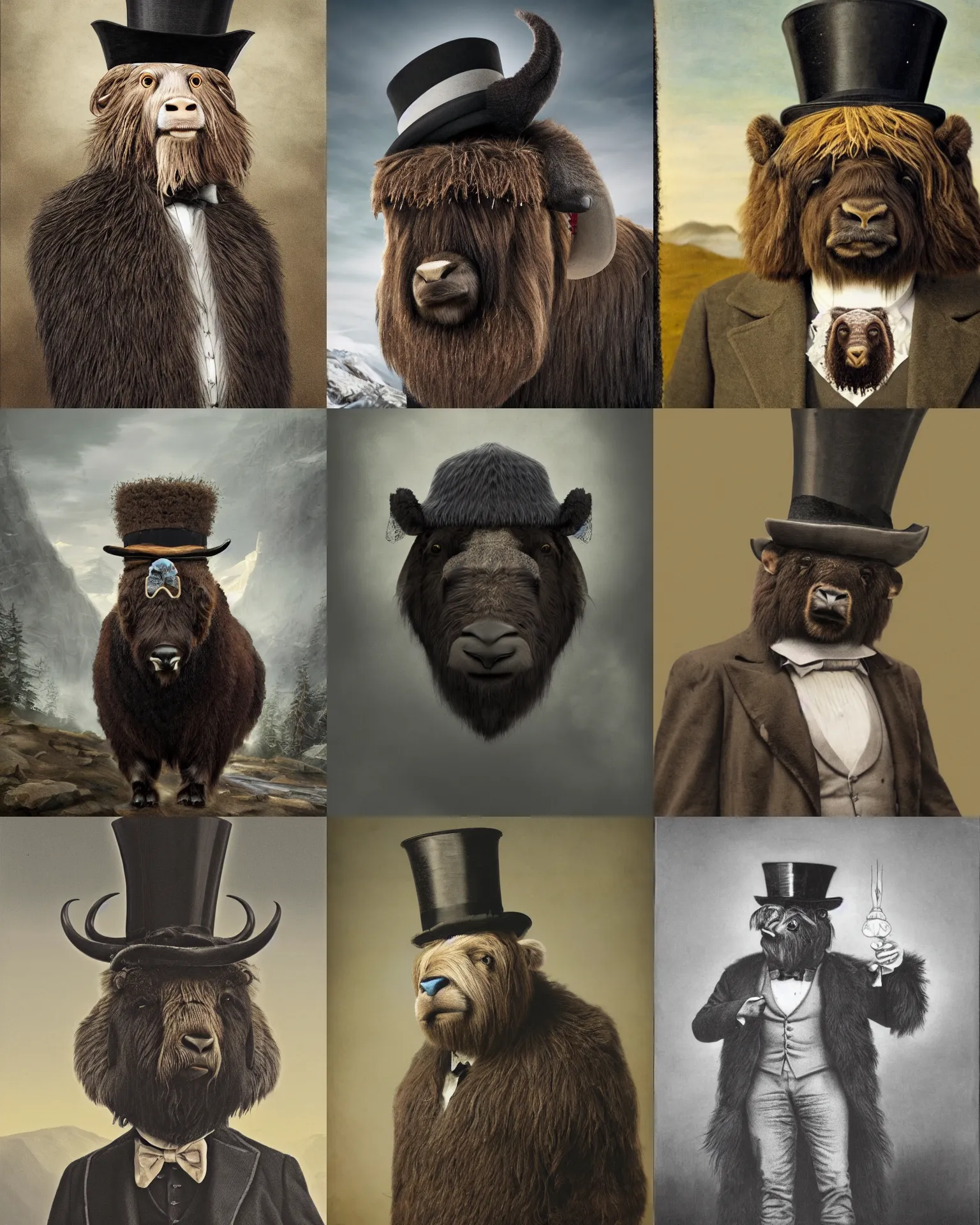 Image similar to highly detailed portrait photo of an anthropomorphic mutant with the head of a musk ox, wearing a overgown and a top hat in a dystopian scenic environment, hyperrealistic Illustration