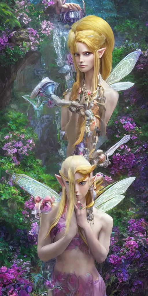 Image similar to a professional painting of the great fairy from legend of Zelda ocarina of time, long golden hair full of flowers, beautiful bone structure, symmetrical facial features, floating above a water fountain in a lush garden, , intricate, elegant, digital painting, concept art, smooth, sharp focus, illustration, from Metal Gear, by Ruan Jia and Mandy Jurgens and Artgerm and William-Adolphe Bouguereau