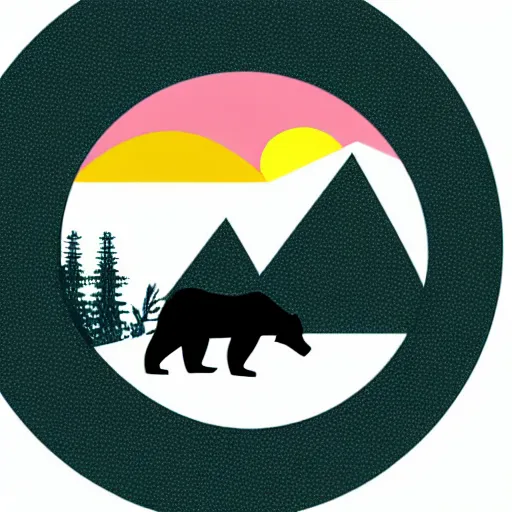 Image similar to very very very stylized minimal vector graphic of bear, hills and sunset!!, white background, all enclosed in a circle, dramatic, professional minimal graphic design cartoon