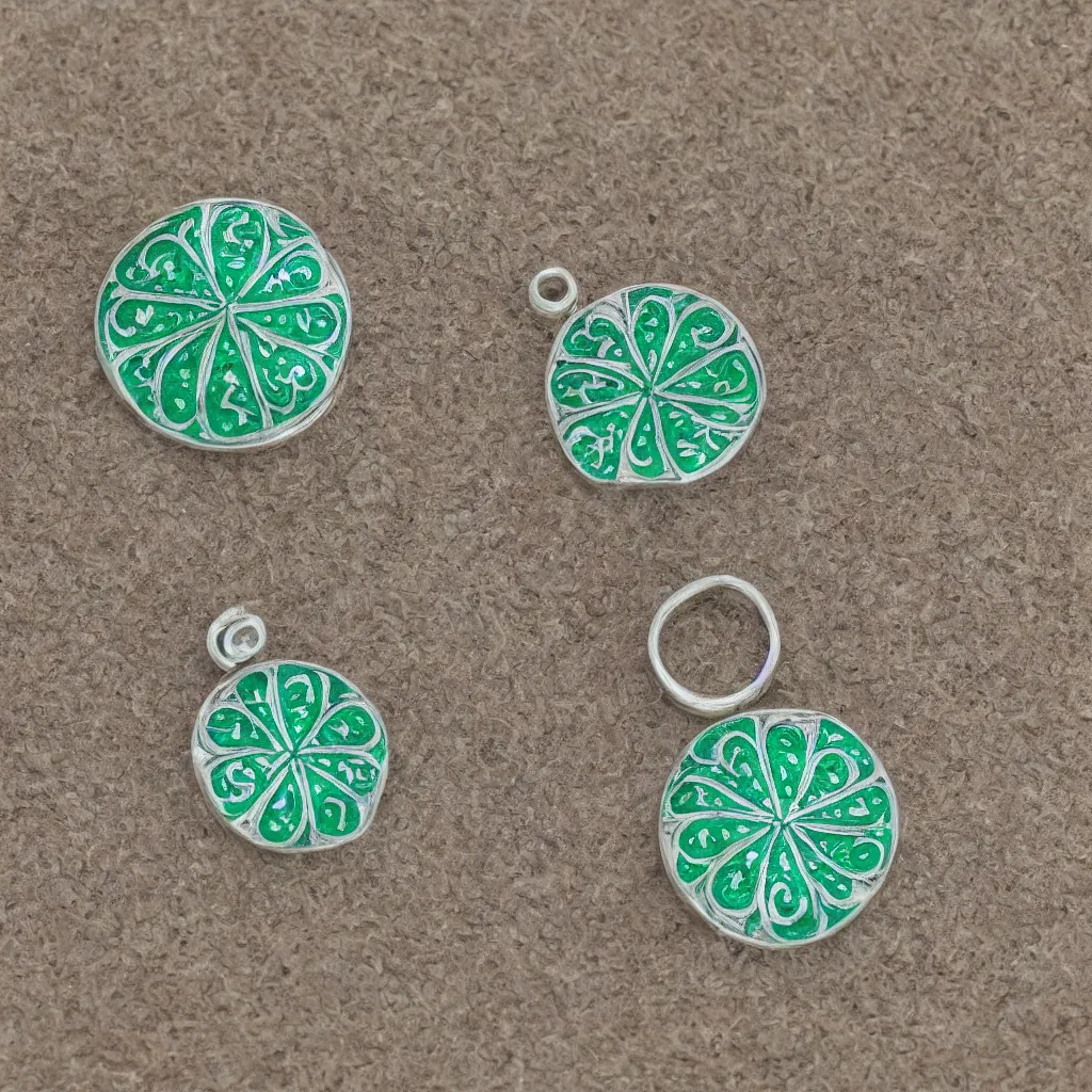 Image similar to Amulet Of Clover inlaid in silver light green colors, realistic, clean,