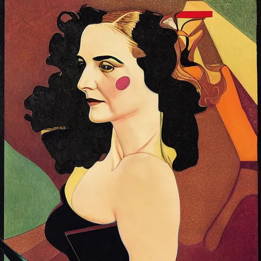 Prompt: Eva Green, Art by Coles Phillips, Orange bodysuit, Chalk white skin, deep purple hair, Green eyes, Portrait of the actress, Eva Green as Metamorpho, geometric art, art deco, Alphonse Mucha, Vasily Kandinsky, carbon black and antique gold