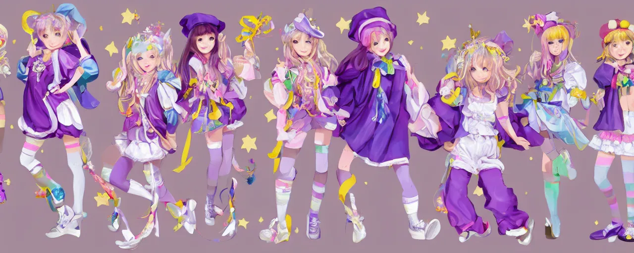 Prompt: A character sheet of full body cute magical girls with short blond hair wearing an oversized purple Beret, Purple overall shorts, Short Puffy pants made of silk, pointy jester shoes, a big billowy scarf, and white leggings. Rainbow accessories all over. Flowing fabric. Golden Ribbon. Covered in stars. Artist Clothes. Painter Clothes. Short Hair. Art by william-adolphe bouguereau and Paul Delaroche and Alexandre Cabanel and Lawrence Alma-Tadema and WLOP and Artgerm. Fashion Photography. Decora Fashion. harajuku street fashion. Kawaii Design. Intricate, elegant, Highly Detailed. Smooth, Sharp Focus, Illustration Photo real. realistic. Hyper Realistic. Sunlit. Moonlight. Dreamlike. Surrounded by clouds. 4K. UHD. Denoise.