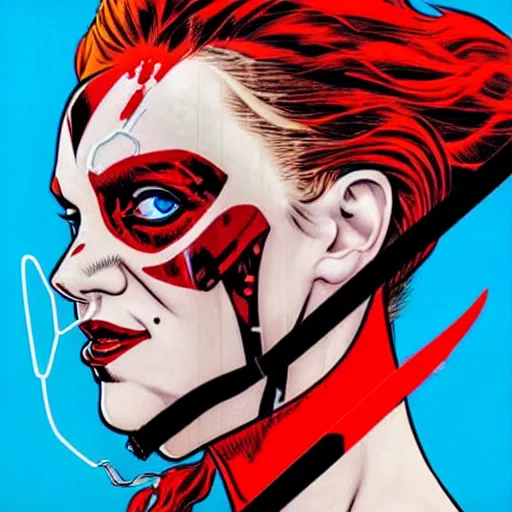 Image similar to a profile photo of a red head devil woman with a diving oxygen mask with side profile blood in ocean intricate details by MARVEL comics and Sandra Chevrier-C