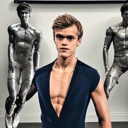 Image similar to a realistic detailed photo of a guy who is an attractive humanoid who is half robot and half humanoid, who is a male android, soccer player martin ødegaard, shiny skin, posing like a statue, blank stare, in a living room, on display, showing off his muscles, with a twin