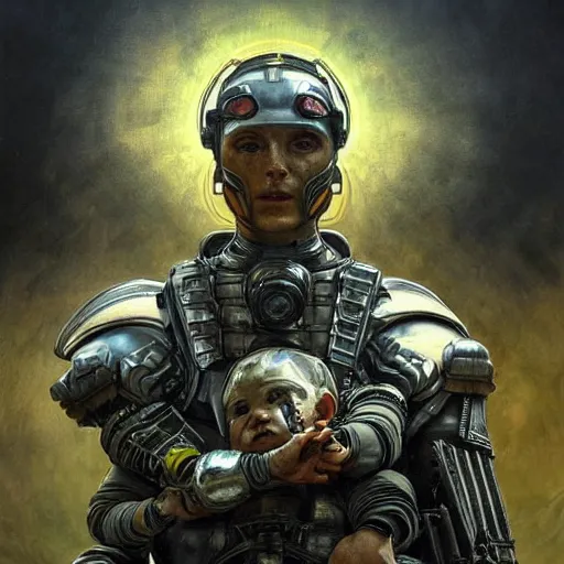 Prompt: brutal solarpunk macedonian cyber warrior portrait holding a child by giger vasnetsov rutkowski mucha hyperrealism very detailed masterpiece shadows symmetrical expressive eyes well proportioned balanced high resolution artgerm cinematic epic dramatic slow ivory poetic sharp focus shadows highlights