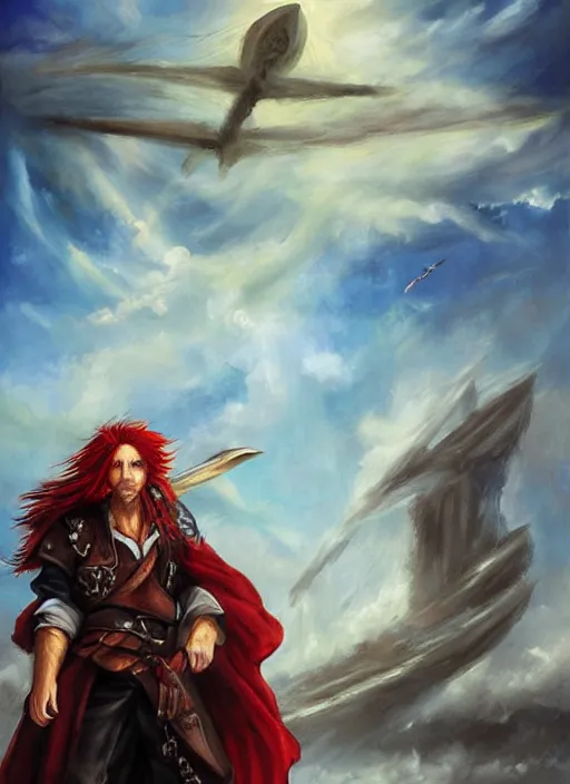 Image similar to epic fantasy portrait painting of a long haired, red headed male sky - pirate in front of an airship in the style of the full metal alchemist