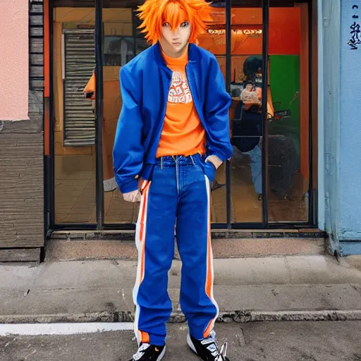 Image similar to orange - haired anime boy, 1 7 - year - old anime boy with wild spiky hair, wearing blue jacket, battle aura, in front of ramen shop, strong lighting, strong shadows, vivid hues, raytracing, sharp details, subsurface scattering, intricate details, hd anime, high - budget anime movie, 2 0 2 1 anime