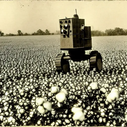 Prompt: robots working in the cotton field , 1824 , old photograph , 4k , HD