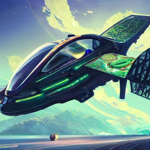 Image similar to solarpunk hovercar, clean energy, green technology, highway, sunny day, futurism, intricate, engines, glow, highly detailed, drone wings, peaceful, utopia, bright, digital painting, artstation, concept art, smooth, sharp focus, epic landscape, art by akihiko yoshida and tim mcburnie and anato finnstark