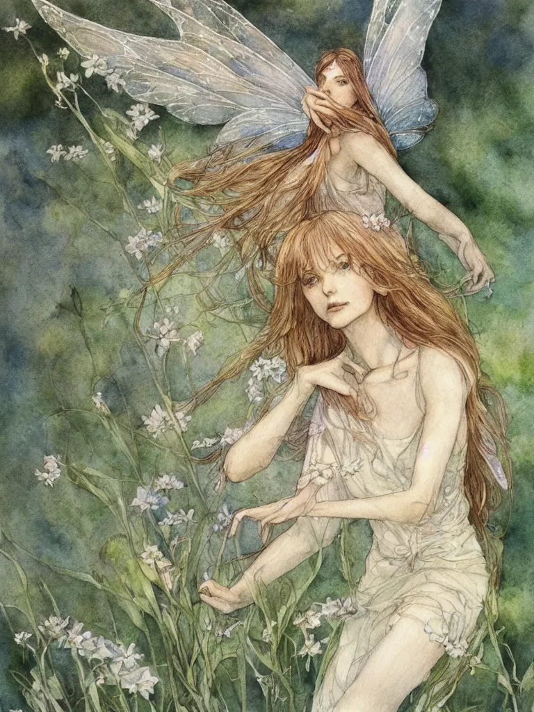 Image similar to study of a flower fairy, illustration, watercolor, alan lee, detailed, pretty, ethereal,