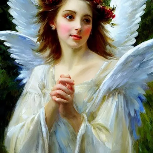 Image similar to a beautiful portrait of an angel with pretty face and her huge white wings spread out painted by gerhartz, highly detailed, beautiful illumination, graceful and elegant,.