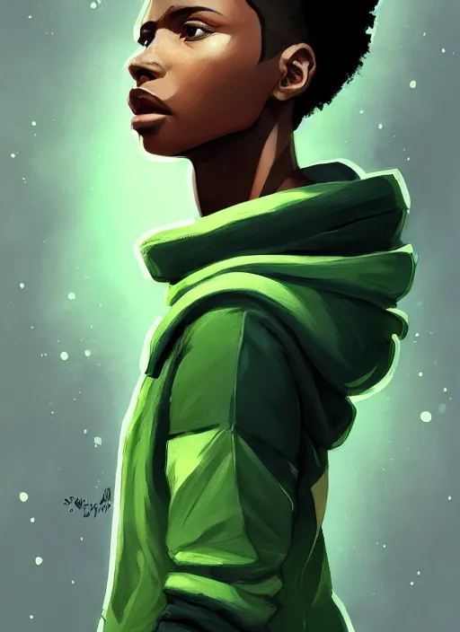 Image similar to photographic portrait of an handsome young black woman with a mohican haircut and green eyes in a back hoodie, flat lighting, elegant, highly detailed, digital painting, artstation, concept art, sharp focus, star wars, illustration, art by makoto shinkai