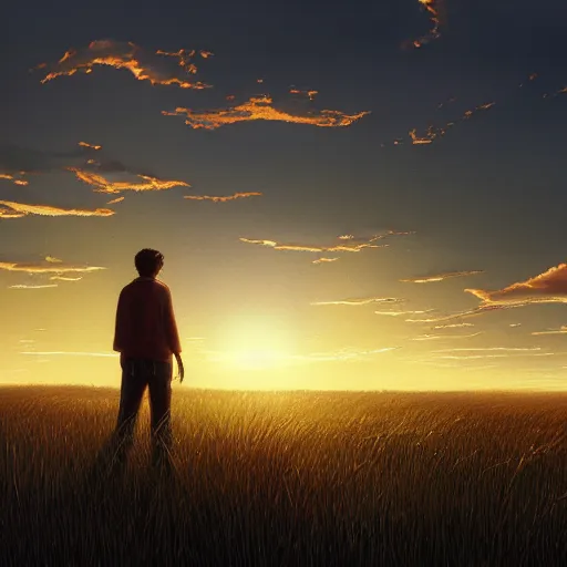 Image similar to a painting of a man standing in a field at sunset, a detailed matte painting by makoto shinkai, cgsociety, neo - primitivism, anamorphic lens flare, matte painting, global illumination