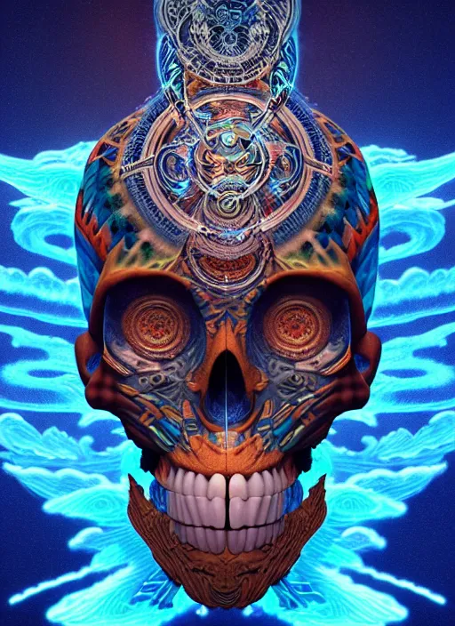 Image similar to 3 d shaman with tattoos profile portrait, sigma 5 0 0 mm f / 5. beautiful intricate highly detailed quetzalcoatl skull and feathers. bioluminescent, plasma, lava, ice, water, wind, creature, thunderstorm! artwork by tooth wu and wlop and beeple and greg rutkowski, 8 k trending on artstation,