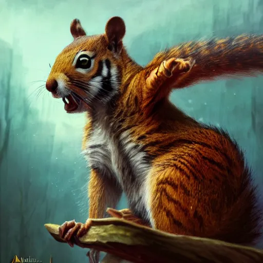 Image similar to Squirrel/tiger, Angry, manic, magic the gathering artwork, horror, D&D, fantasy, cinematic lighting, centered, symmetrical, highly detailed, digital painting, artstation, concept art, smooth, sharp focus, illustration, volumetric lighting, epic Composition, 8k, art by Akihiko Yoshida and Greg Rutkowski and Craig Mullins, oil painting, cgsociety